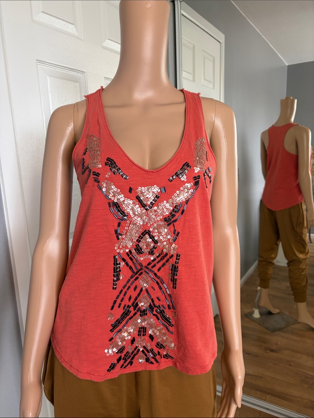 Ecote Coral Sequin Embellished Tank Top